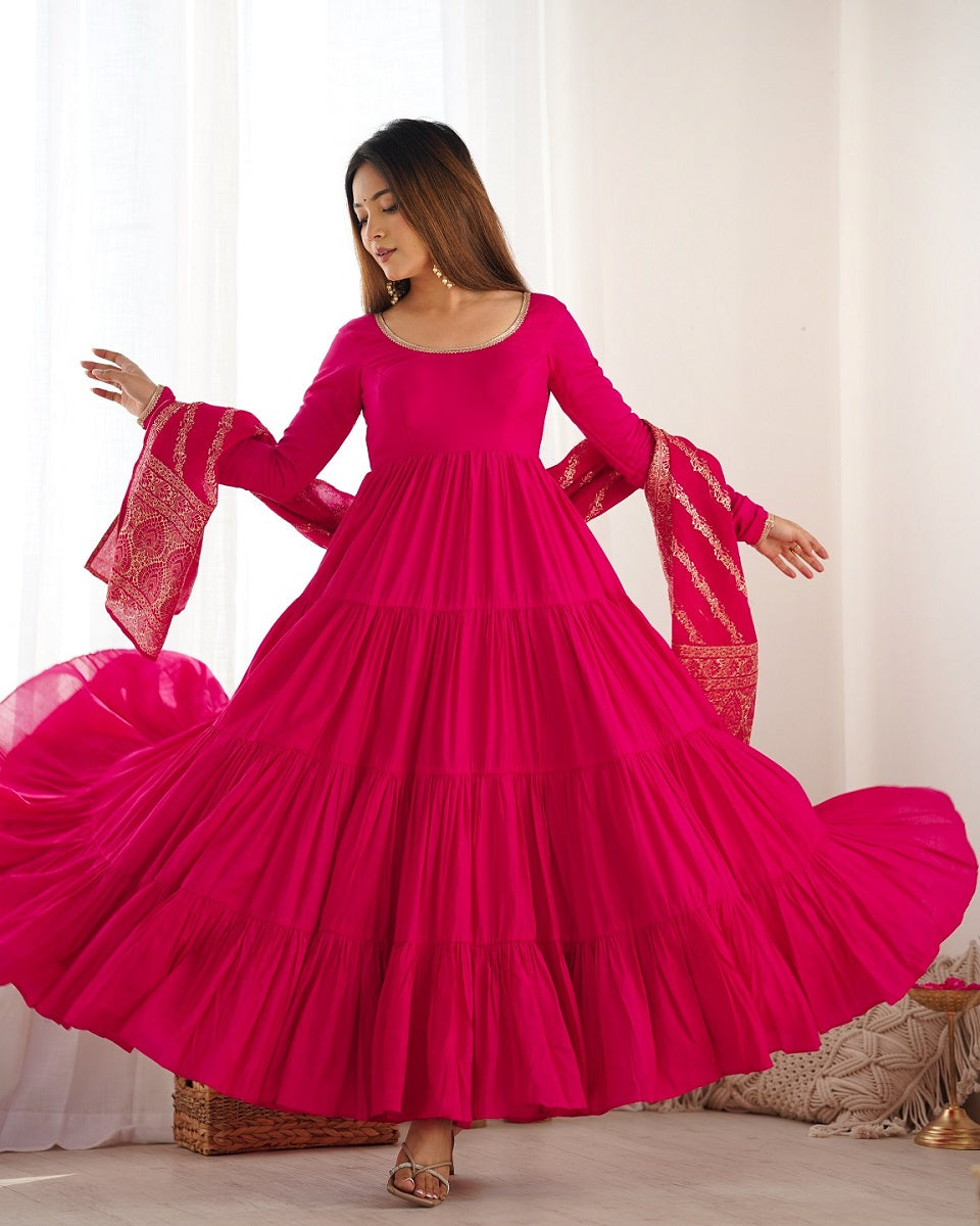 Evanik Rani Pink Pure Roman Silk Chanderi With Fully Flair Anarkali Pant With Dupatta | Grocsy