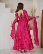 Evanik Rani Pink Pure Lightweight Chiffon Bandhej Design Anarkali Pant With Dupatta | Grocsy