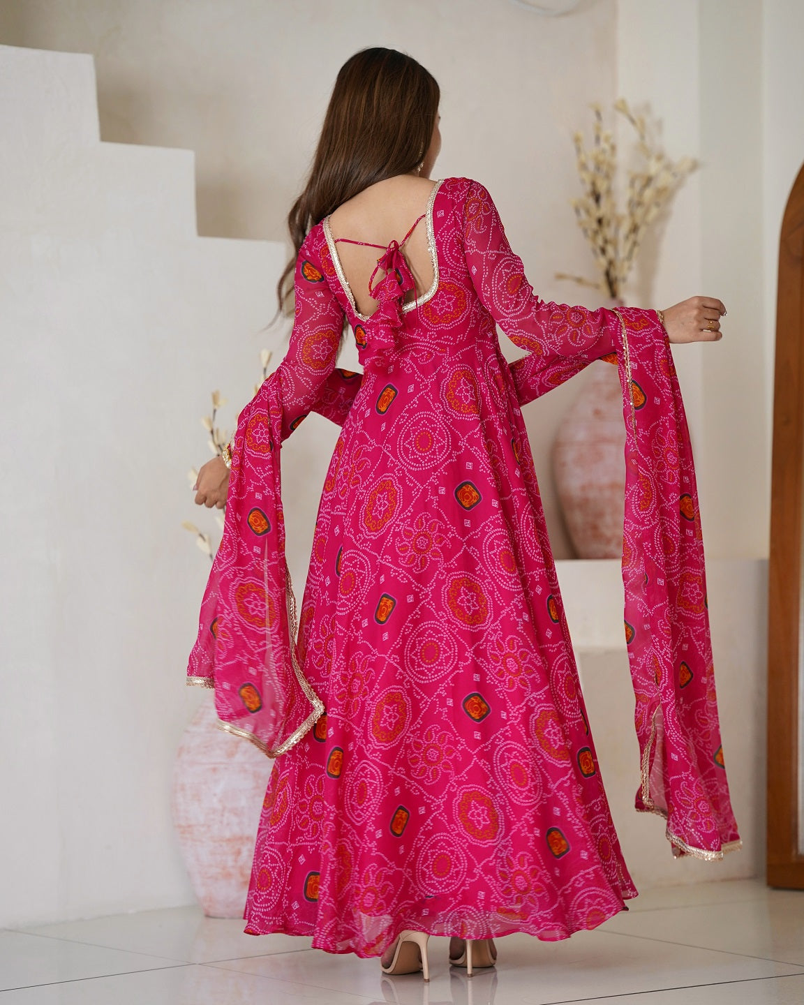 Evanik Rani Pink Pure Lightweight Chiffon Bandhej Design Anarkali Pant With Dupatta | Grocsy