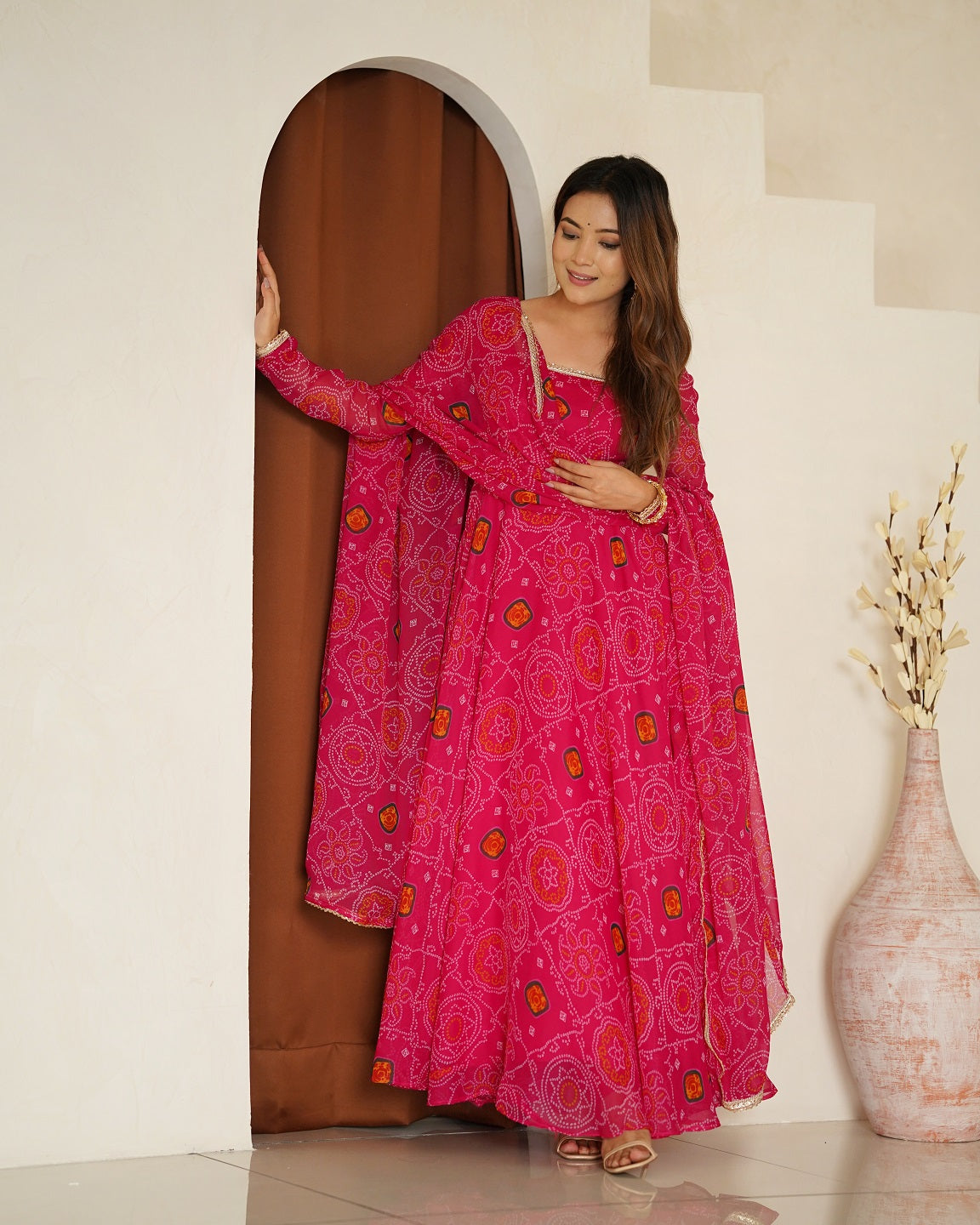 Evanik Rani Pink Pure Lightweight Chiffon Bandhej Design Anarkali Pant With Dupatta | Grocsy