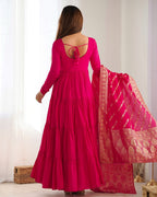 Evanik Rani Pink Pure Roman Silk Chanderi With Fully Flair Anarkali Pant With Dupatta | Grocsy
