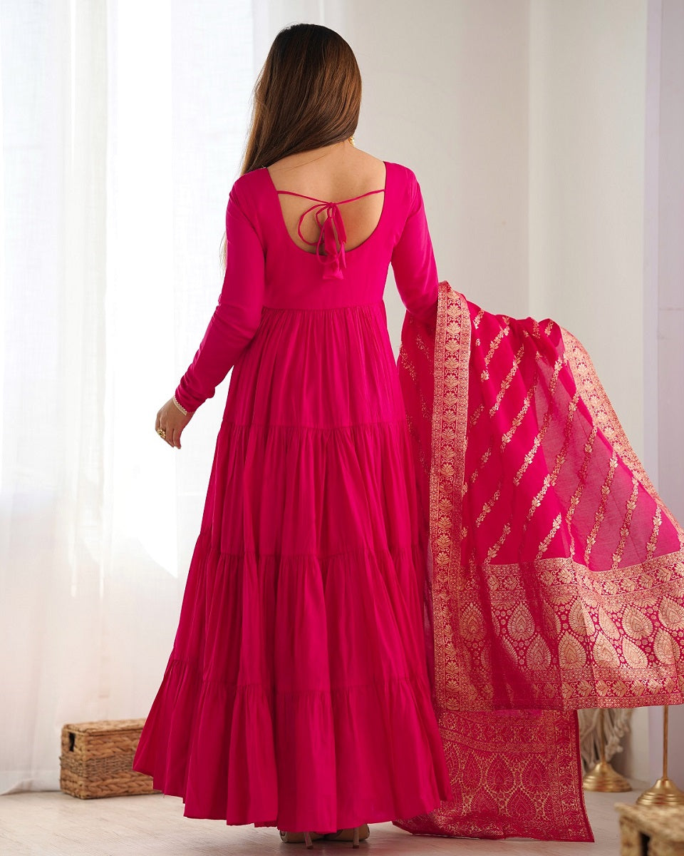 Evanik Rani Pink Pure Roman Silk Chanderi With Fully Flair Anarkali Pant With Dupatta | Grocsy