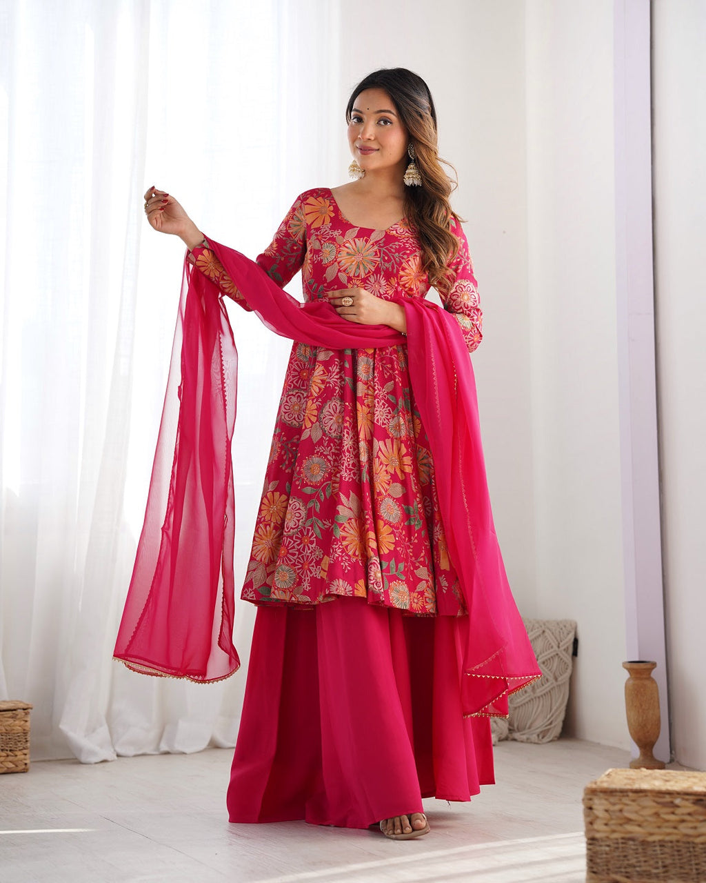 Evanik Rani Pink Pure Romance Silk With Print Kediya With Palazzo Suit | Grocsy