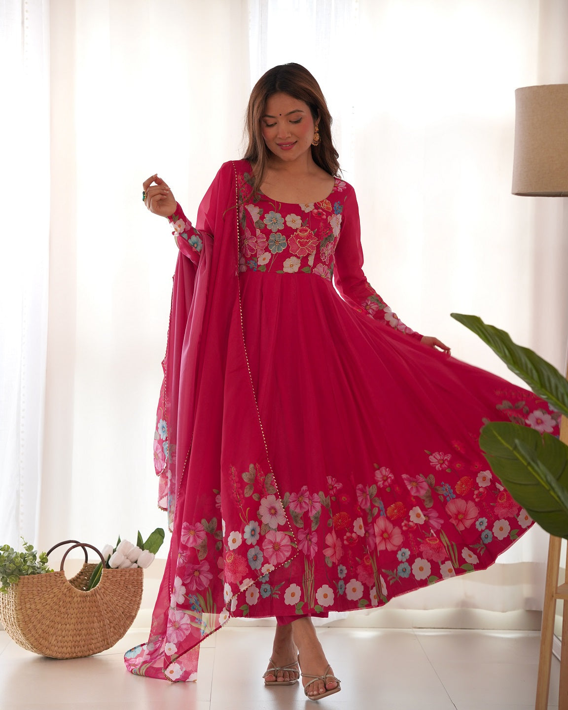 Evanik Rani Pink Soft Organza Silk With Floral Print Fully Flared Anarkali Pant With Dupatta Set | Grocsy