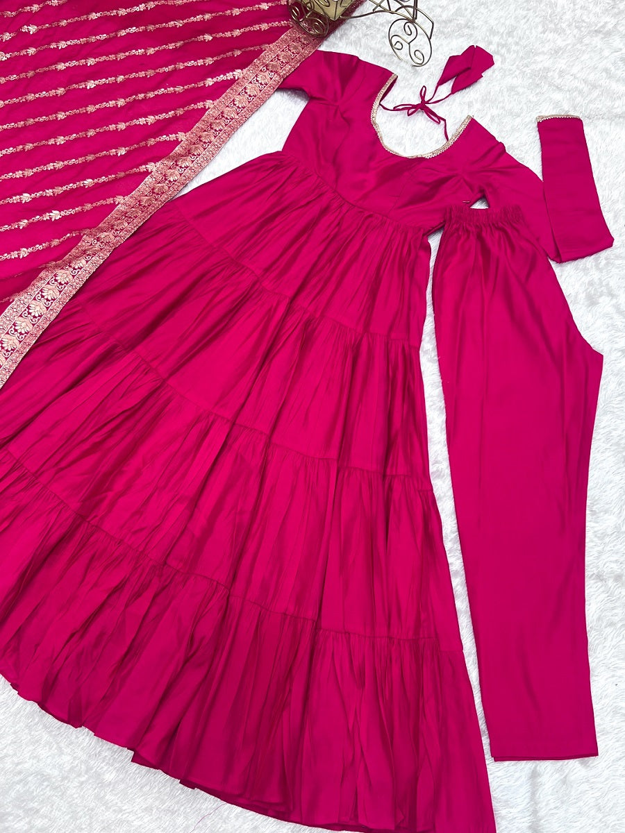 Evanik Rani Pink Pure Roman Silk Chanderi With Fully Flair Anarkali Pant With Dupatta | Grocsy