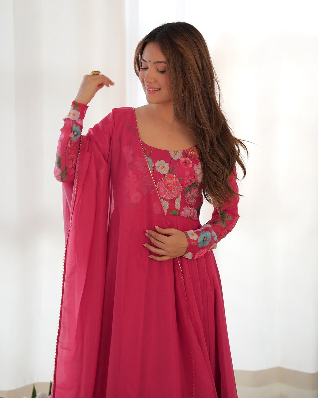 Evanik Rani Pink Soft Organza Silk With Floral Print Fully Flared Anarkali Pant With Dupatta Set | Grocsy