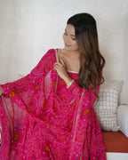 Evanik Rani Pink Pure Lightweight Chiffon Bandhej Design Anarkali Pant With Dupatta | Grocsy