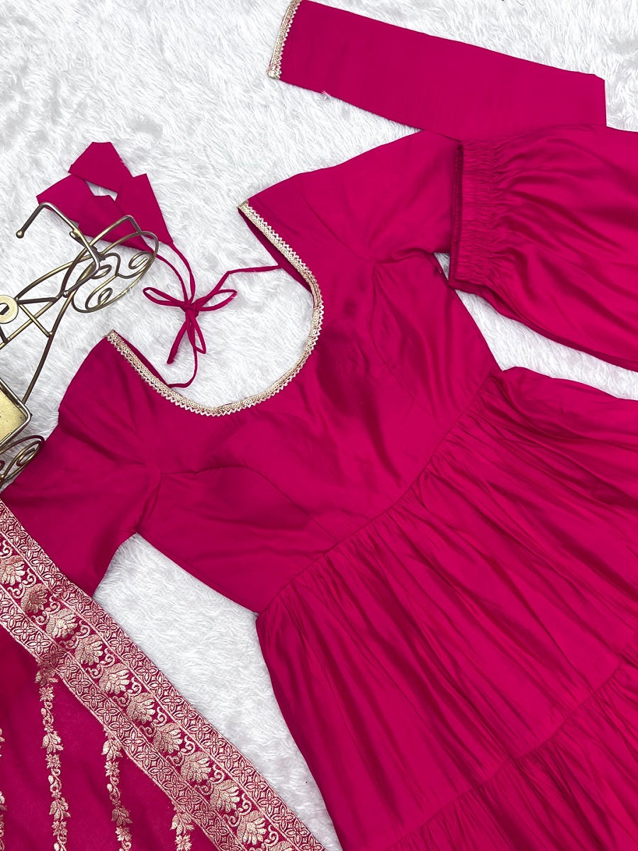 Evanik Rani Pink Pure Roman Silk Chanderi With Fully Flair Anarkali Pant With Dupatta | Grocsy
