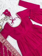Evanik Rani Pink Pure Roman Silk Chanderi With Fully Flair Anarkali Pant With Dupatta | Grocsy