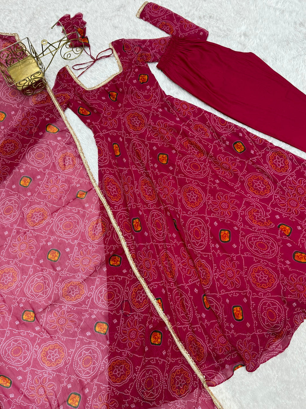 Evanik Rani Pink Pure Lightweight Chiffon Bandhej Design Anarkali Pant With Dupatta | Grocsy