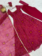 Evanik Rani Pink Pure Lightweight Chiffon Bandhej Design Anarkali Pant With Dupatta | Grocsy
