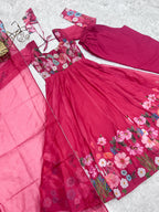 Evanik Rani Pink Soft Organza Silk With Floral Print Fully Flared Anarkali Pant With Dupatta Set | Grocsy