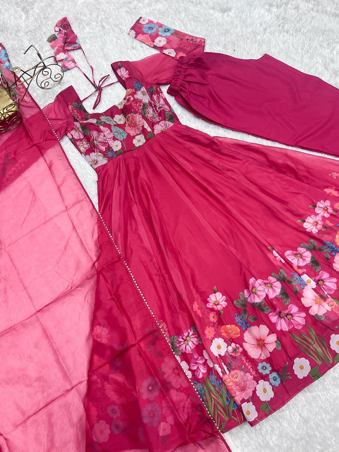 Evanik Rani Pink Soft Organza Silk With Floral Print Fully Flared Anarkali Pant With Dupatta Set | Grocsy