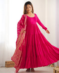 Evanik Rani Pink Pure Roman Silk Chanderi With Fully Flair Anarkali Pant With Dupatta | Grocsy