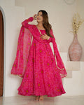 Evanik Rani Pink Pure Lightweight Chiffon Bandhej Design Anarkali Pant With Dupatta | Grocsy