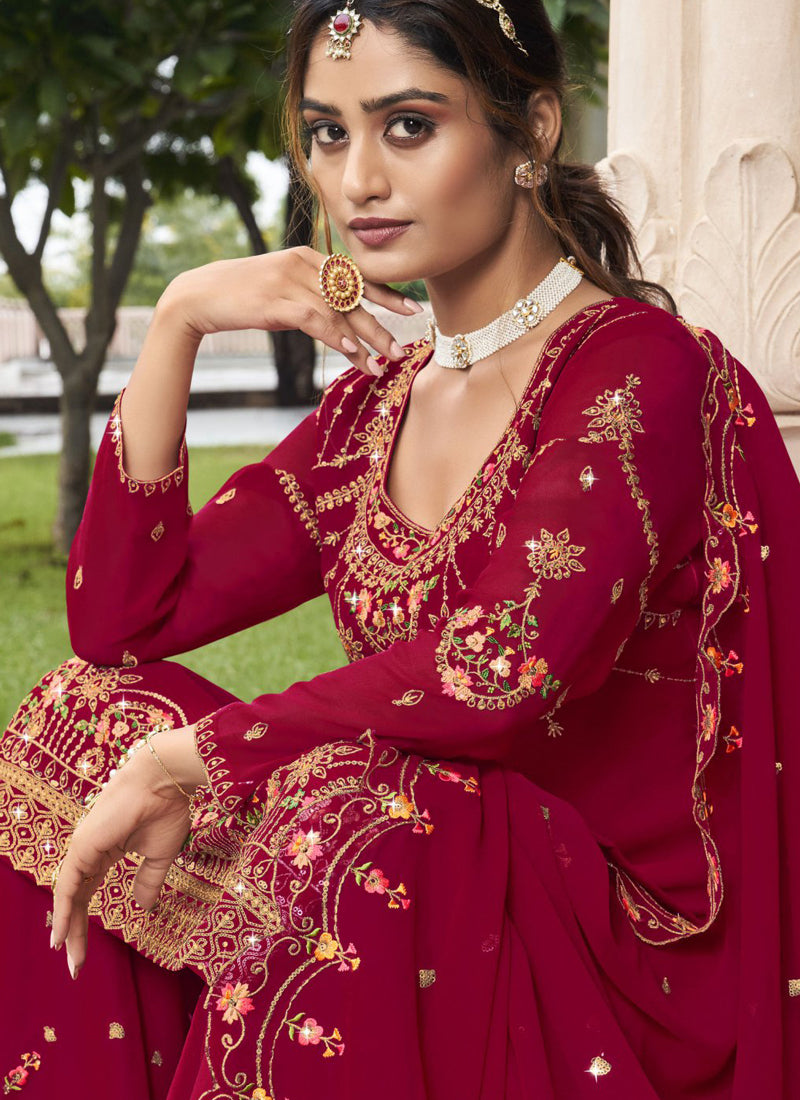 Vegaa Fashion Maroon Georgette Embroidery Designer Sharara Suit | Grocsy