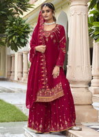 Vegaa Fashion Maroon Georgette Embroidery Designer Sharara Suit | Grocsy