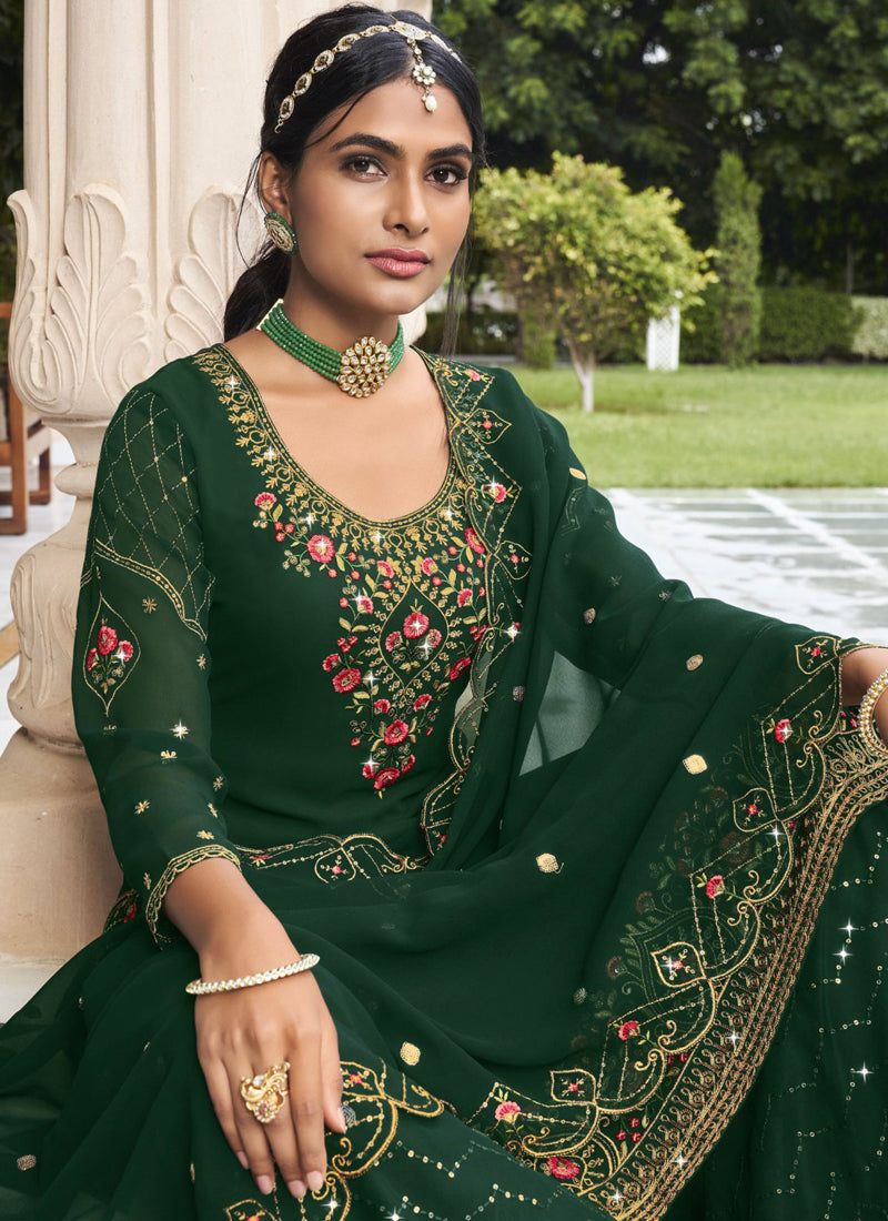 Vegaa Fashion Green Georgette Embroidery Designer Sharara Suit | Grocsy