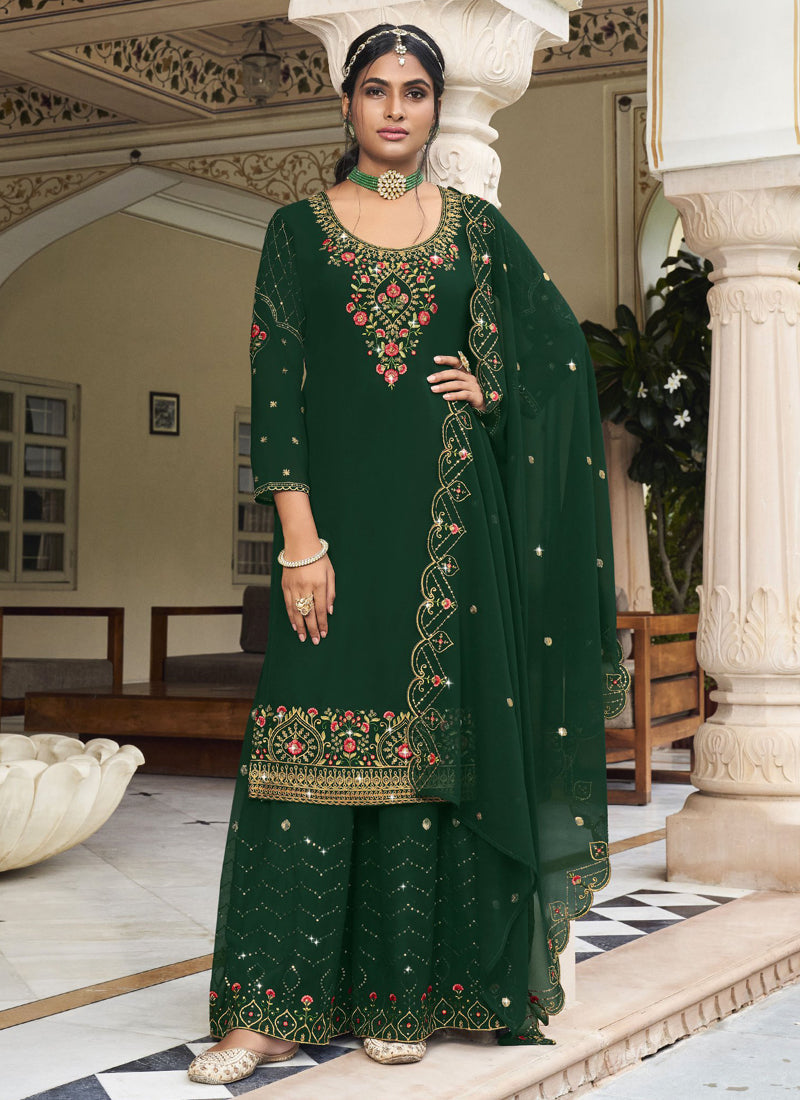 Vegaa Fashion Green Georgette Embroidery Designer Sharara Suit | Grocsy