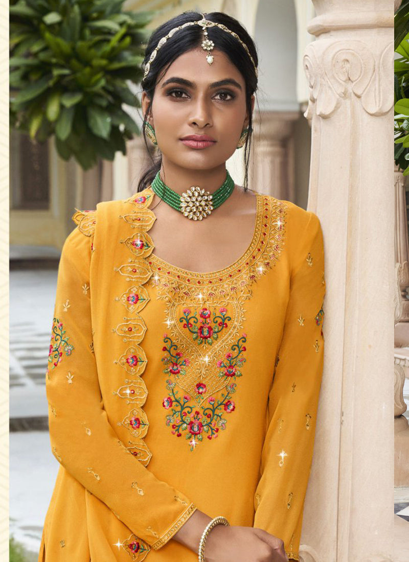 Vegaa Fashion Yellow Georgette Embroidery Designer Sharara Suit | Grocsy