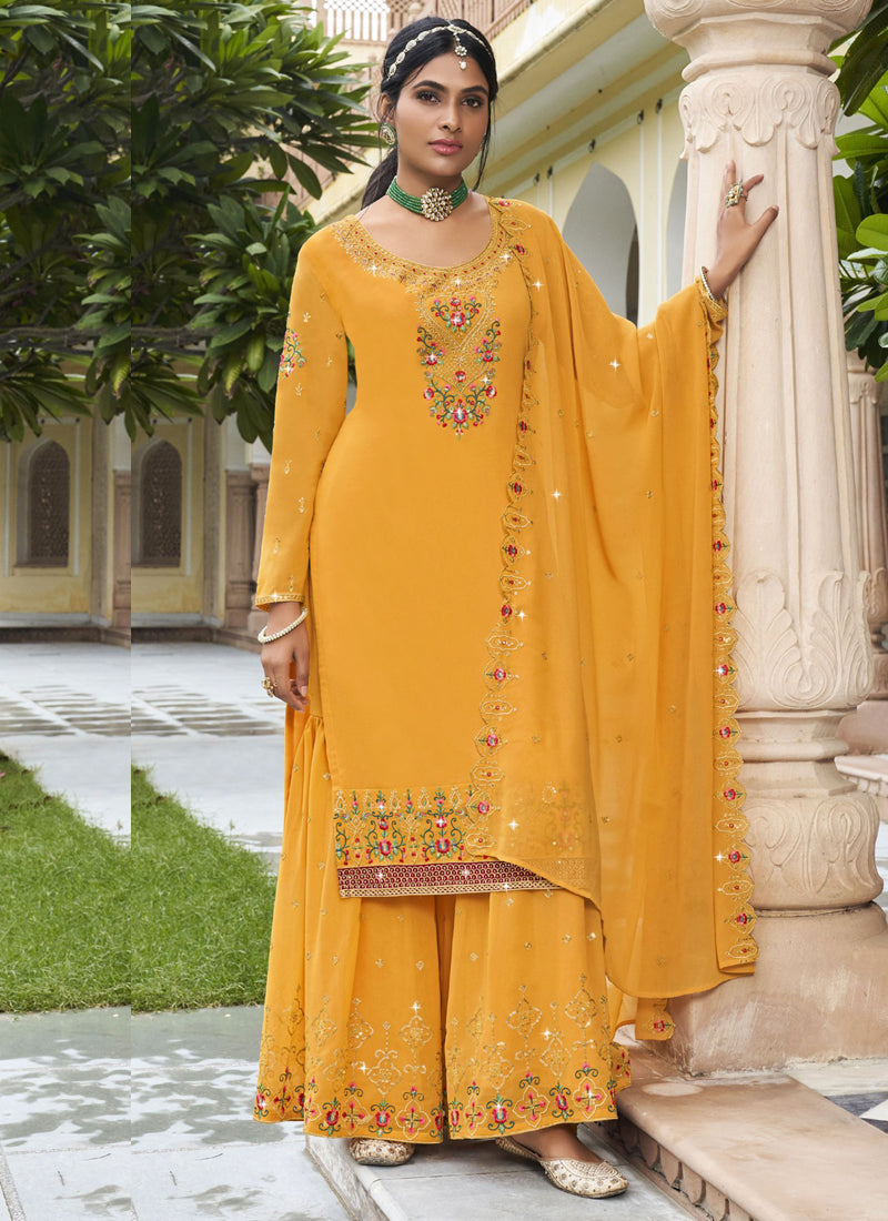 Vegaa Fashion Yellow Georgette Embroidery Designer Sharara Suit | Grocsy