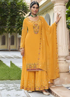 Vegaa Fashion Yellow Georgette Embroidery Designer Sharara Suit | Grocsy
