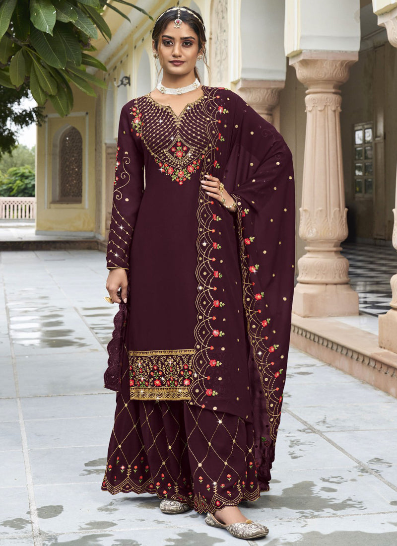 Vegaa Fashion Violet Georgette Embroidery Designer Sharara Suit | Grocsy