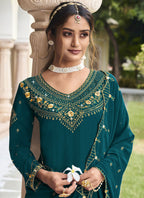 Vegaa Fashion Teal Georgette Embroidery Designer Sharara Suit | Grocsy