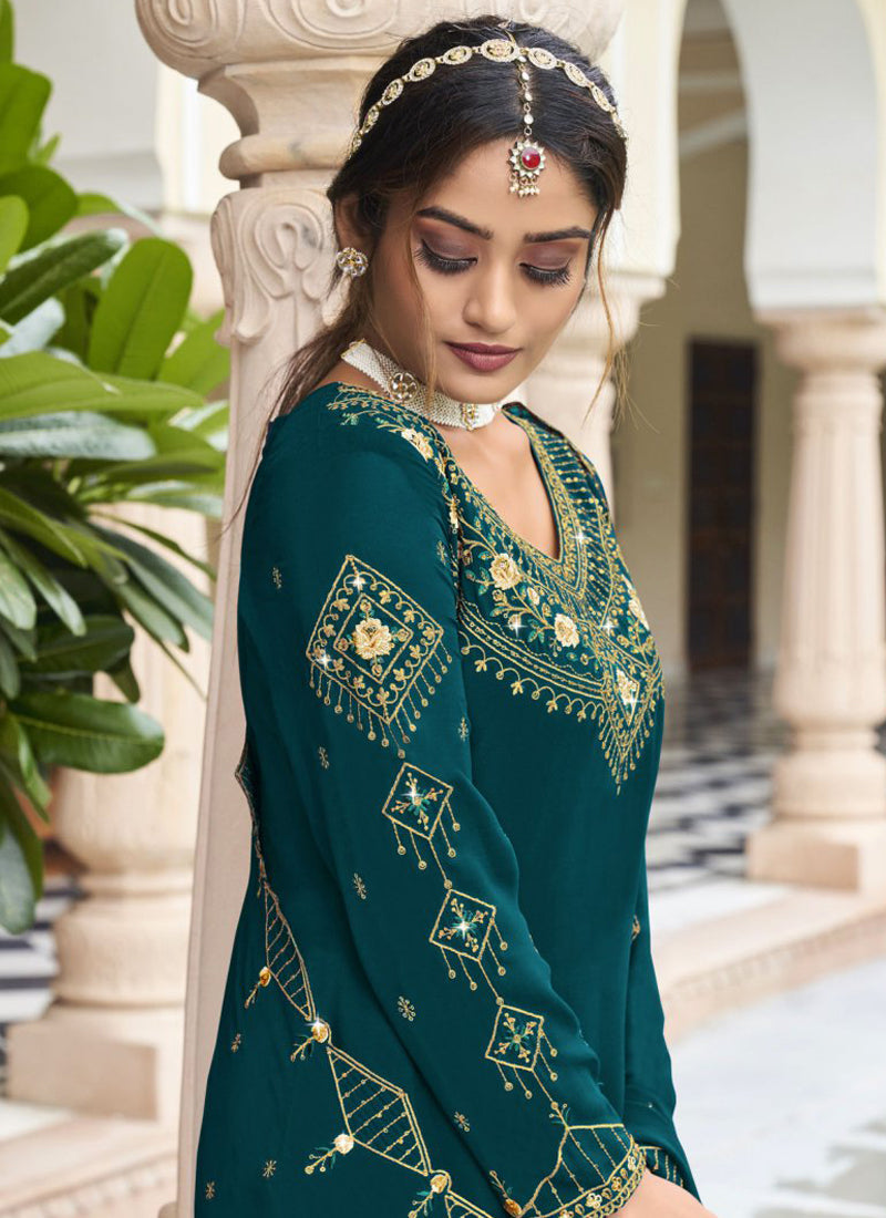 Vegaa Fashion Teal Georgette Embroidery Designer Sharara Suit | Grocsy