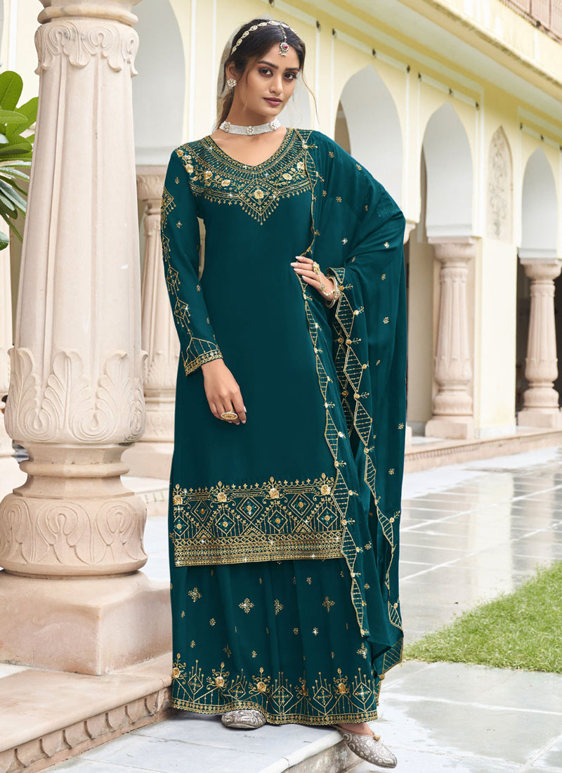 Vegaa Fashion Teal Georgette Embroidery Designer Sharara Suit | Grocsy