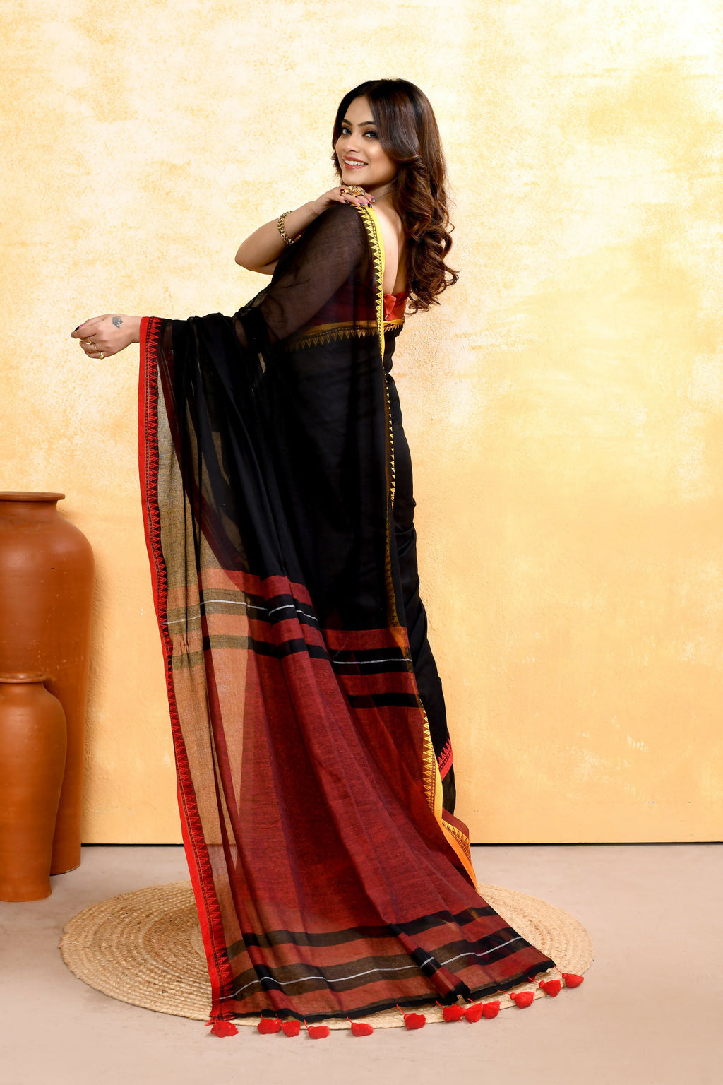 Piyari Fashion Women's Black Embellished Handloom Cotton Saree | Grocsy