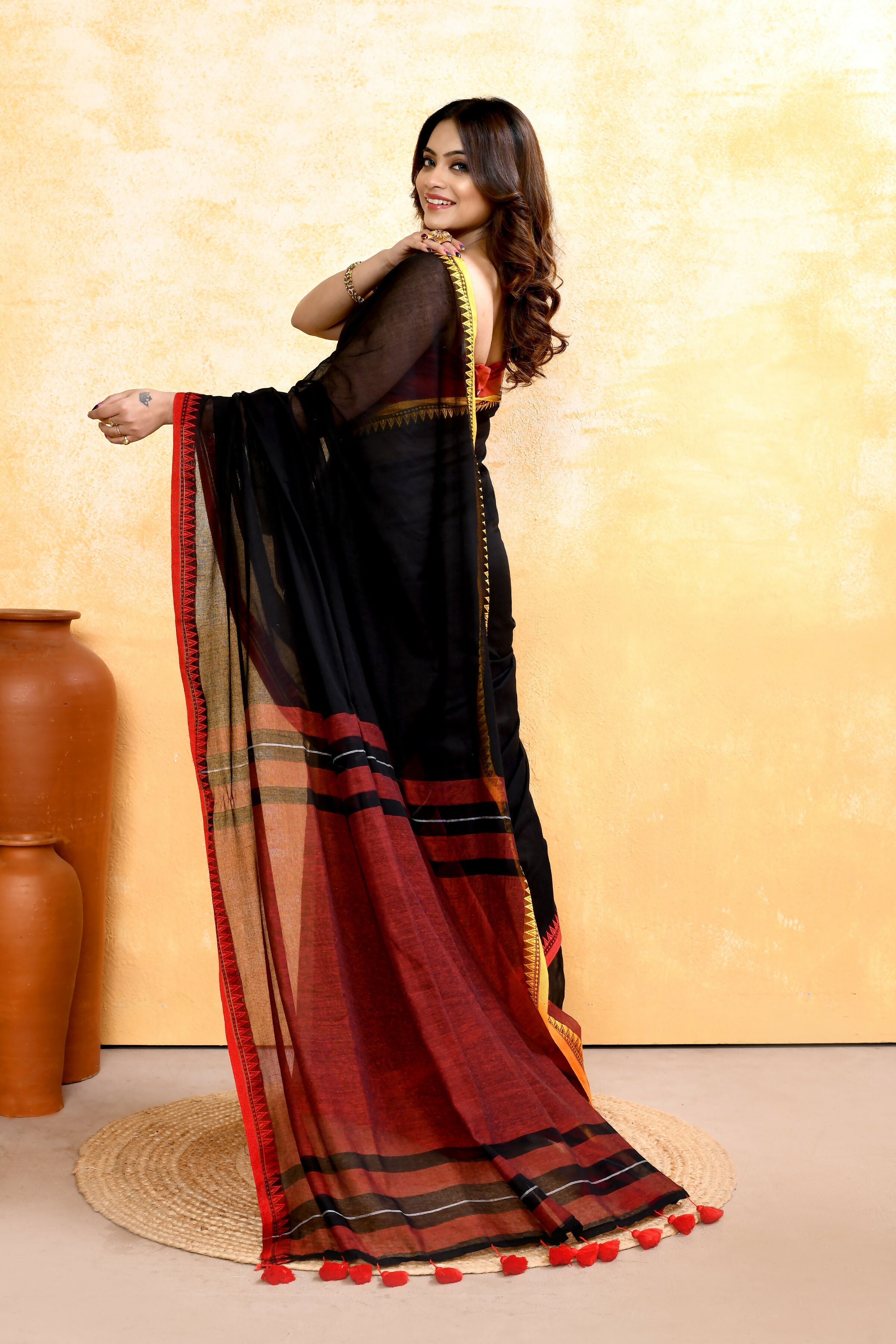 Piyari Fashion Women's Black Embellished Handloom Cotton Saree | Grocsy