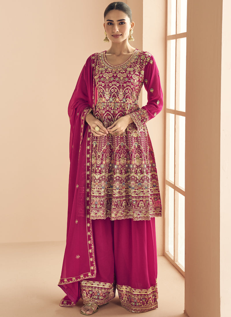 Vegaa Fashion Pink Georgette Embroidered Designer Palazzo Suit | Grocsy