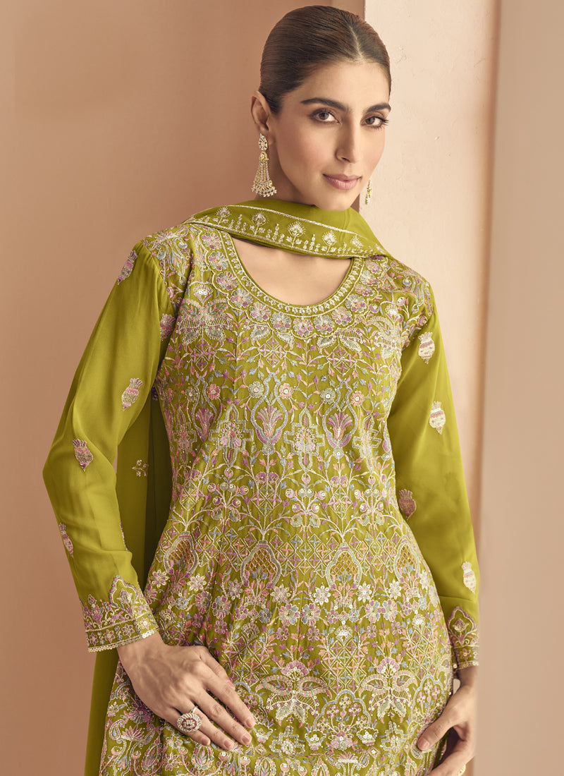 Vegaa Fashion Mehendi Georgette Embroidered Designer Palazzo Suit | Grocsy