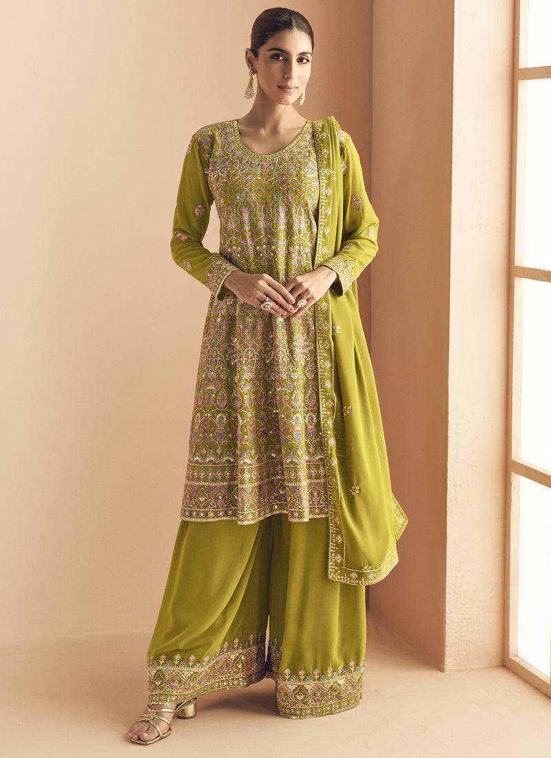 Vegaa Fashion Mehendi Georgette Embroidered Designer Palazzo Suit | Grocsy