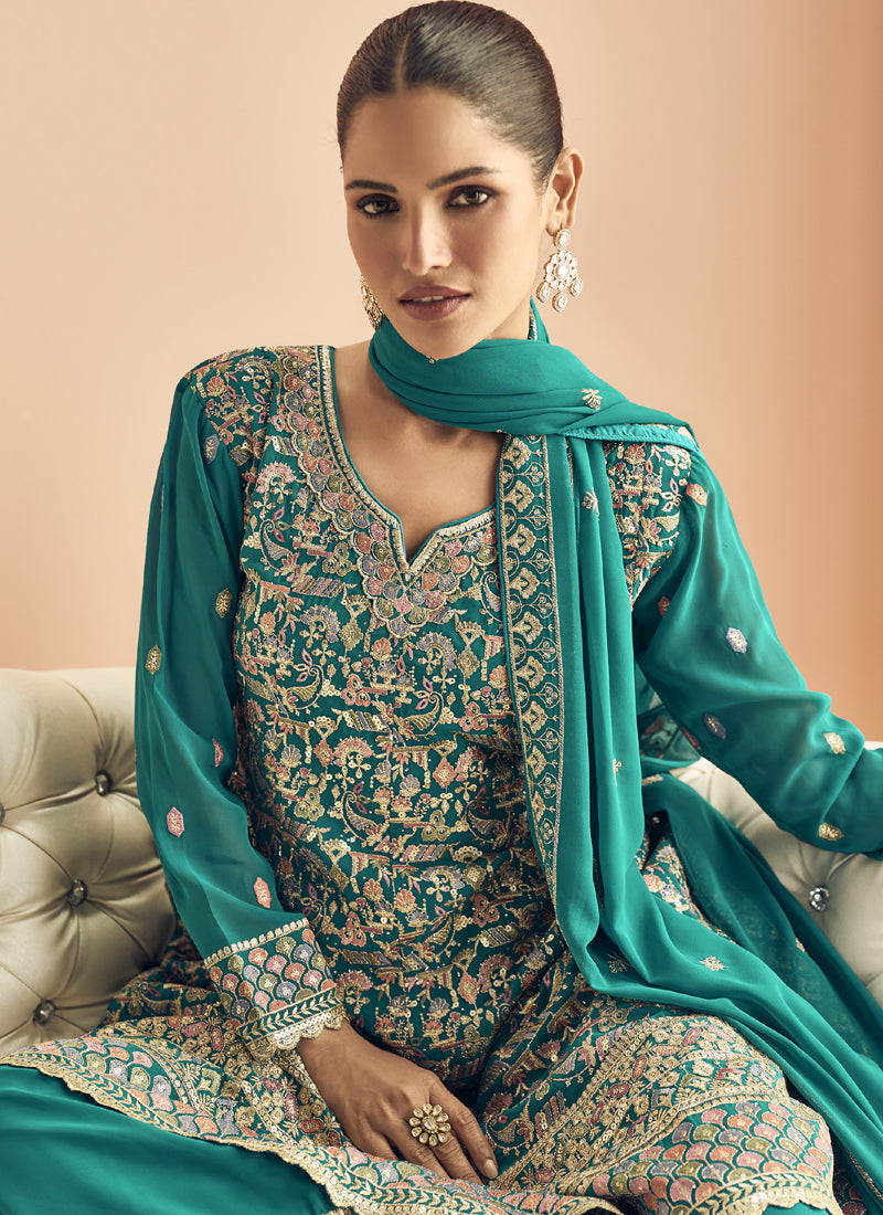 Vegaa Fashion Turquoise Georgette Embroidered Designer Palazzo Suit | Grocsy