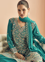 Vegaa Fashion Turquoise Georgette Embroidered Designer Palazzo Suit | Grocsy