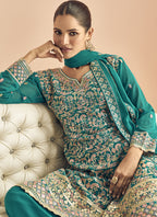 Vegaa Fashion Turquoise Georgette Embroidered Designer Palazzo Suit | Grocsy
