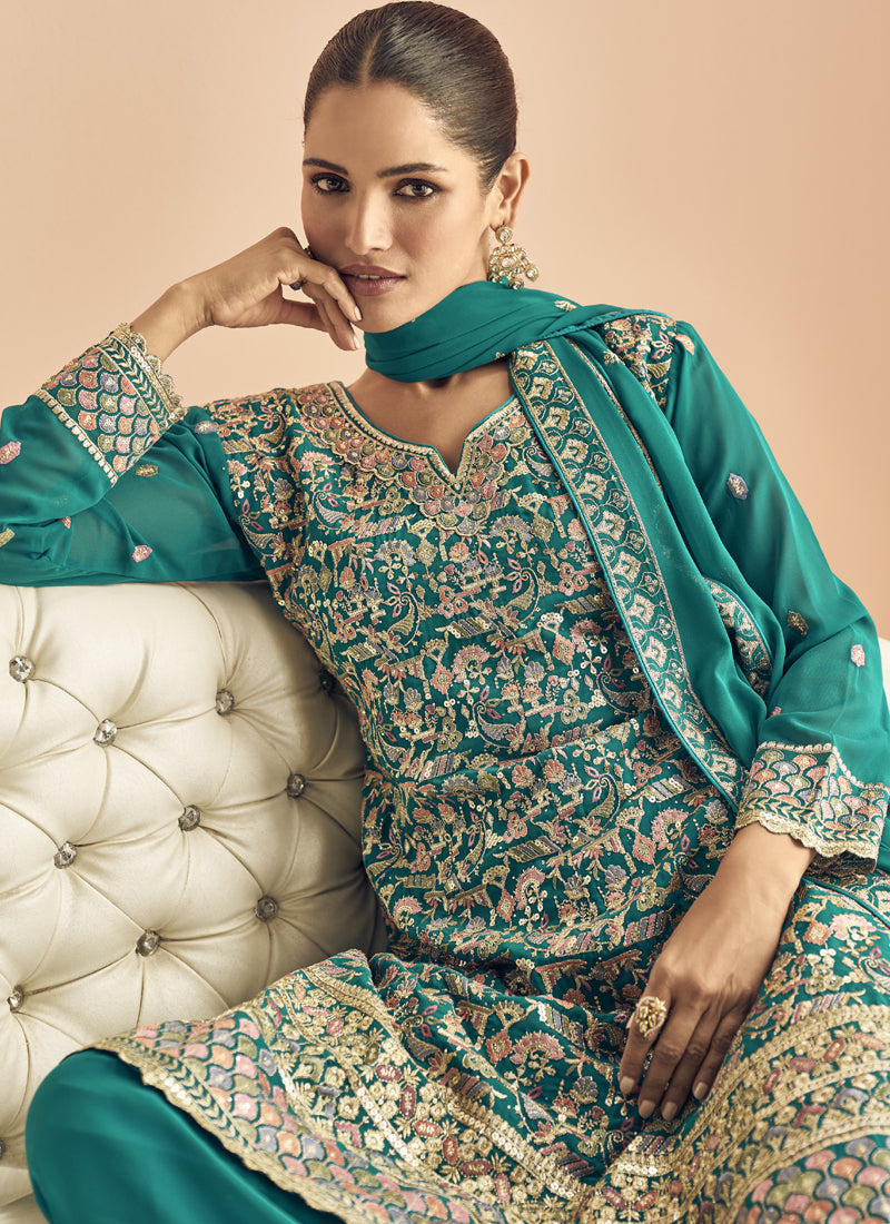 Vegaa Fashion Turquoise Georgette Embroidered Designer Palazzo Suit | Grocsy