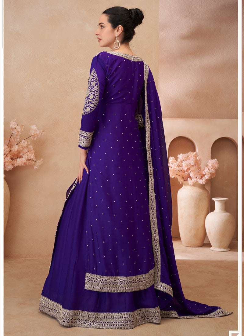 Vegaa Fashion Violet Real Chinon Silk Embroidered Lehenga Style Suit | Grocsy