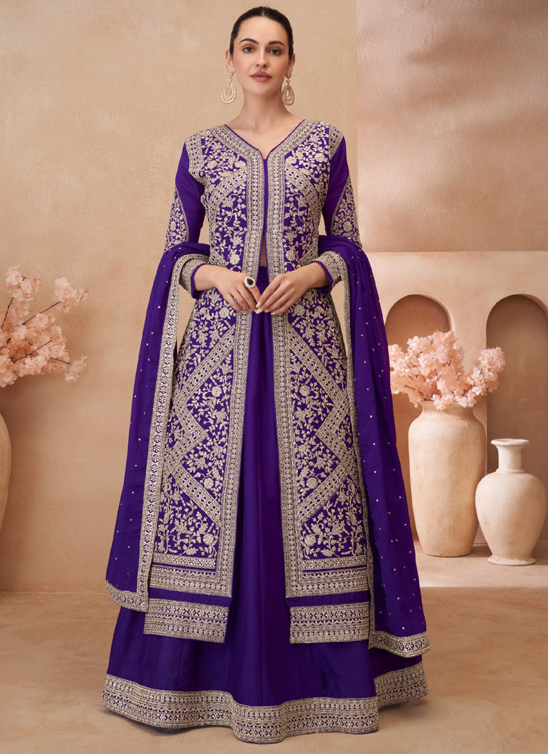 Vegaa Fashion Violet Real Chinon Silk Embroidered Lehenga Style Suit | Grocsy