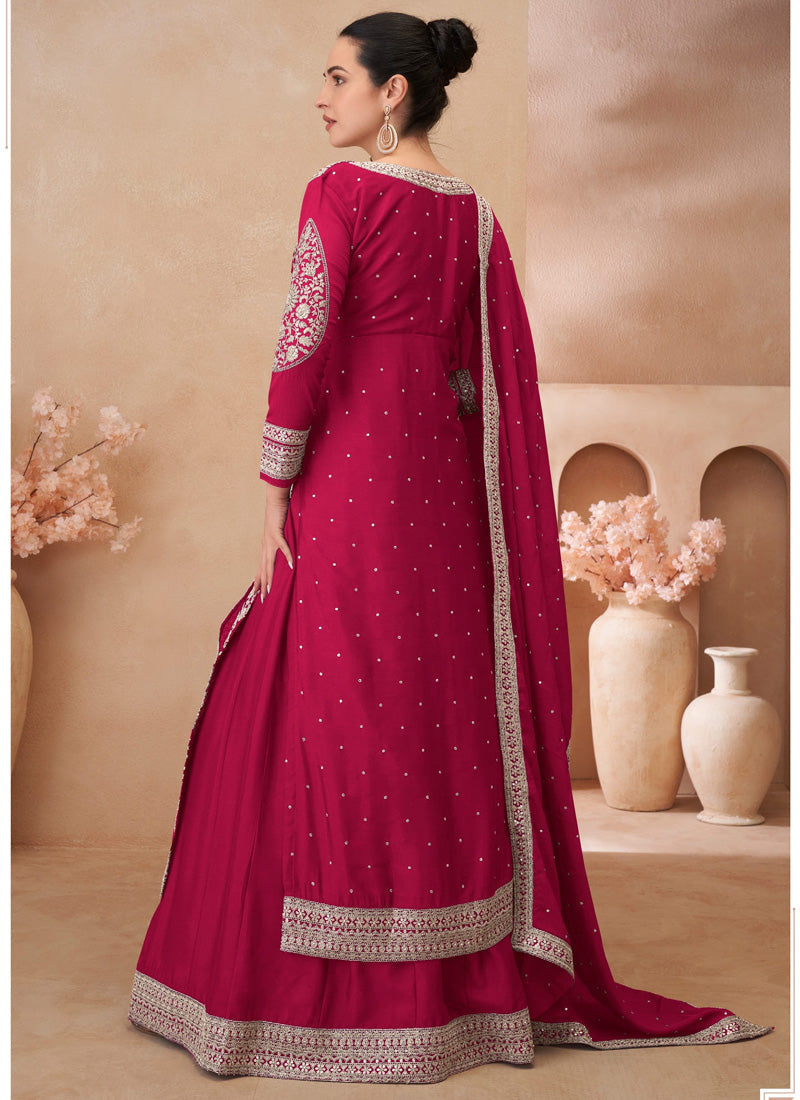 Vegaa Fashion Rani Pink Real Chinon Silk Embroidered Lehenga Style Suit | Grocsy