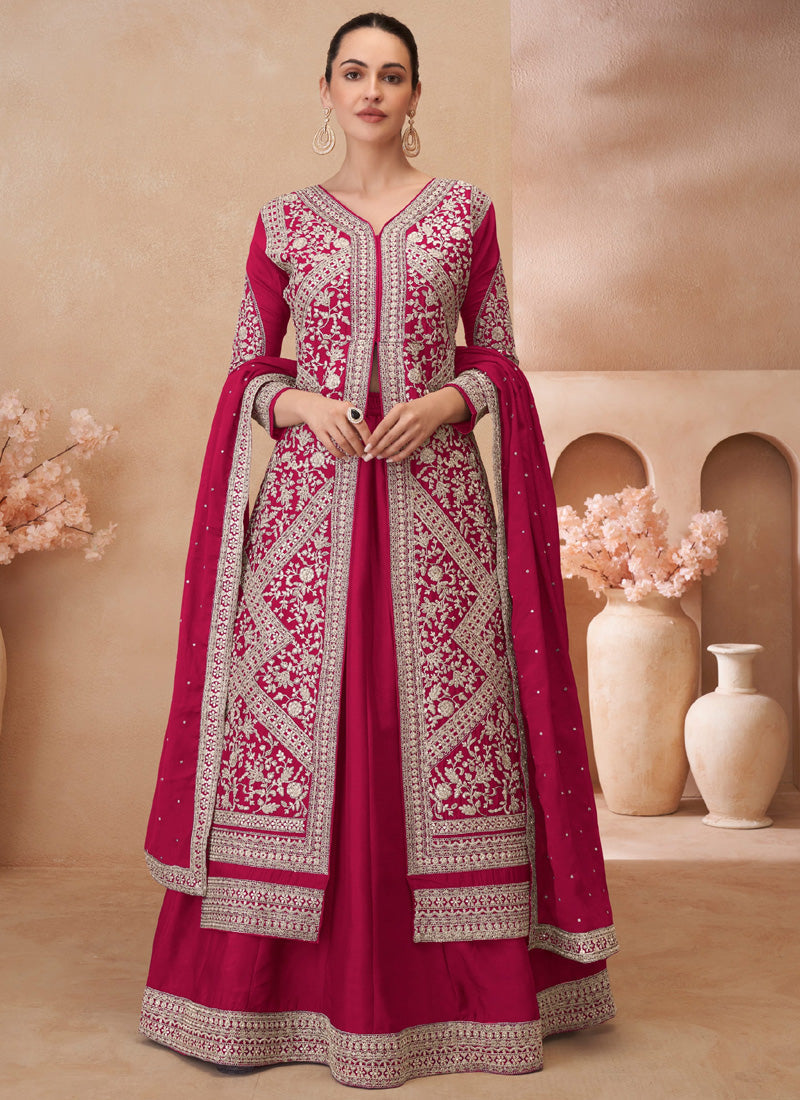 Vegaa Fashion Rani Pink Real Chinon Silk Embroidered Lehenga Style Suit | Grocsy