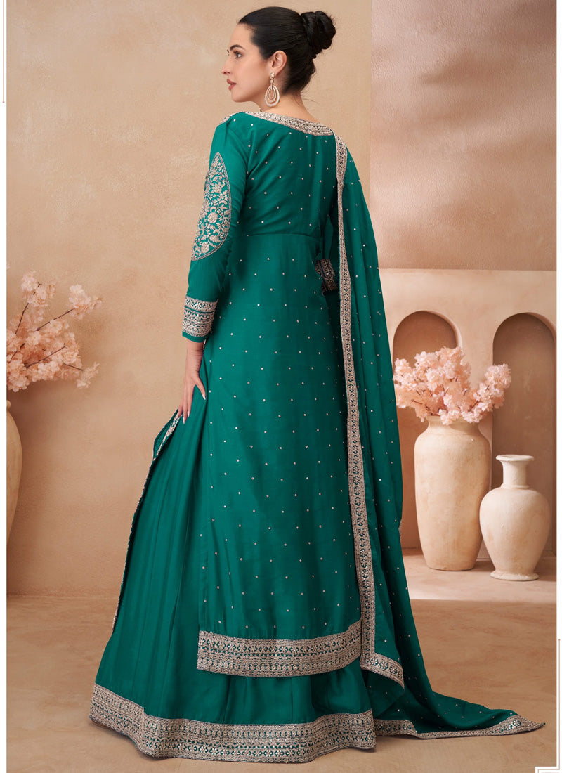 Vegaa Fashion Teal Green Real Chinon Silk Embroidered Lehenga Style Suit | Grocsy
