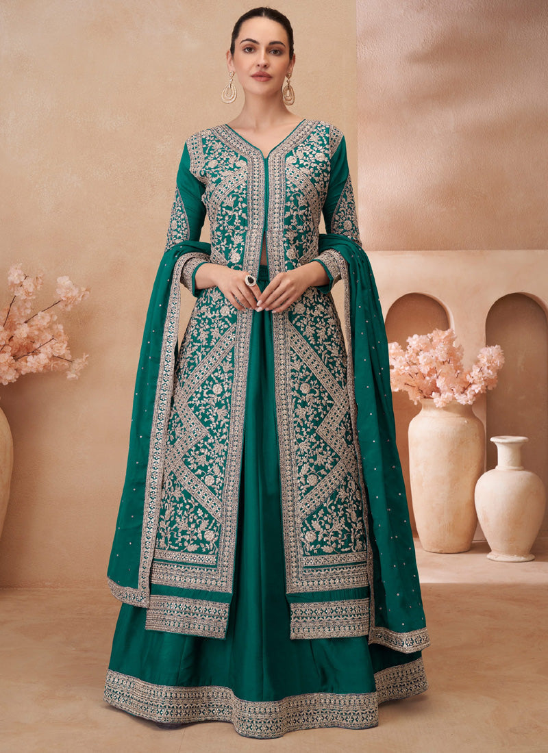 Vegaa Fashion Teal Green Real Chinon Silk Embroidered Lehenga Style Suit | Grocsy