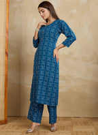 Prazu Fashion Blue Printed Cotton Blend Kurta Pant Set | Grocsy