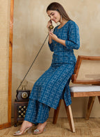 Prazu Fashion Blue Printed Cotton Blend Kurta Pant Set | Grocsy