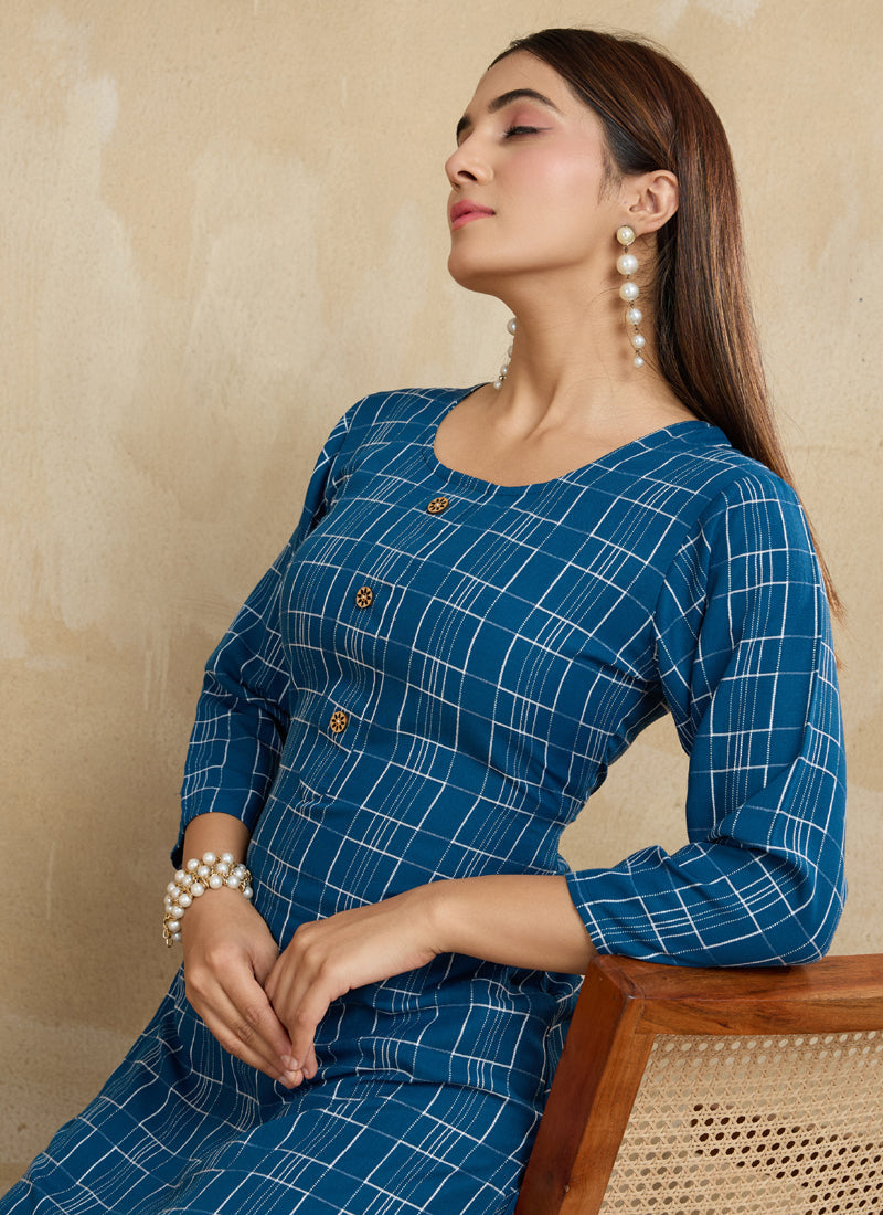 Prazu Fashion Blue Printed Cotton Blend Kurta Pant Set | Grocsy