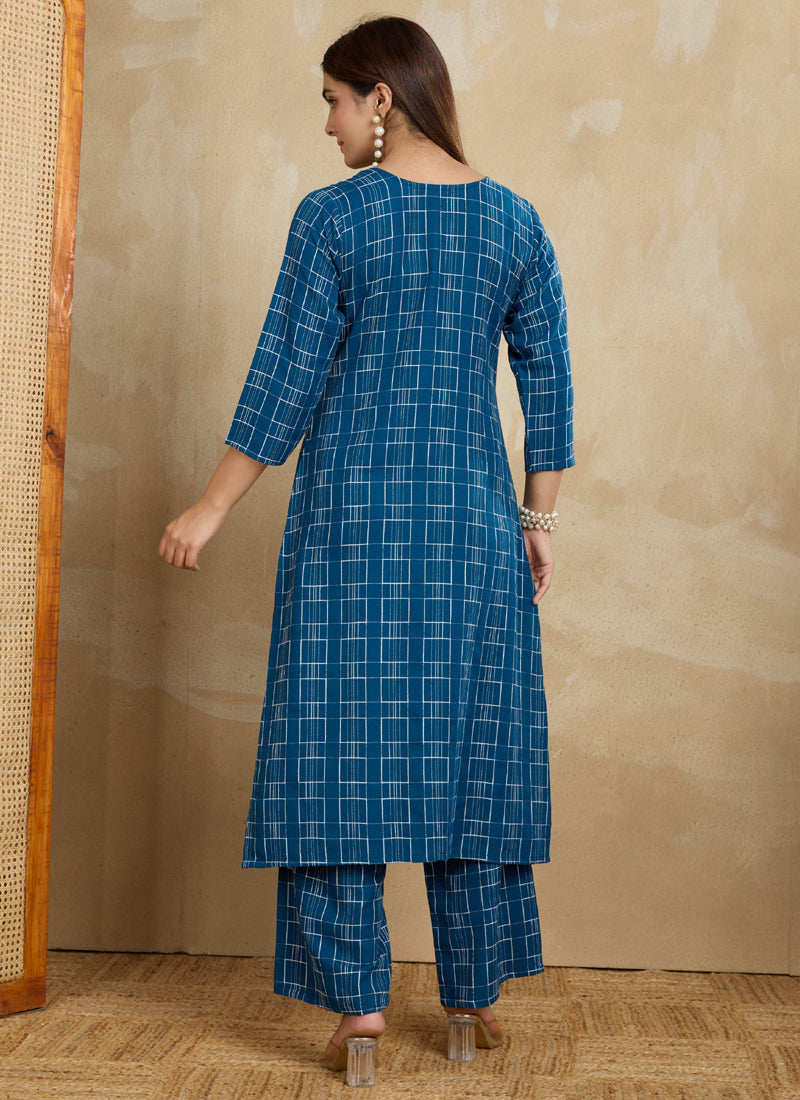 Prazu Fashion Blue Printed Cotton Blend Kurta Pant Set | Grocsy