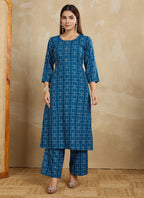Prazu Fashion Blue Printed Cotton Blend Kurta Pant Set | Grocsy